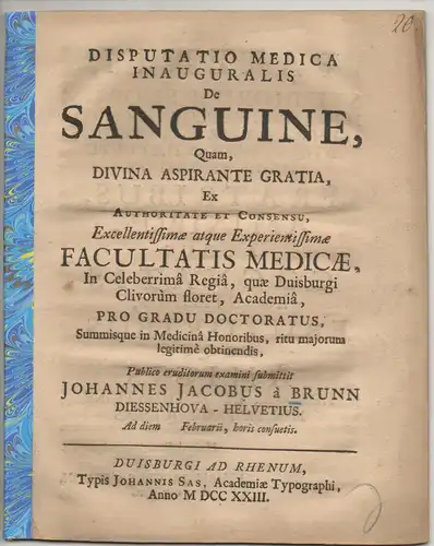 Brunn, Johann Jakob von: Diessenhofen: Medizinische Inaugural-Disputation. De sanguine. 
