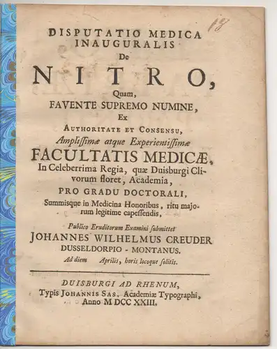 Creuder, Johann Wilhelm: aus Düsseldorf: Medizinische Inaugural-Disputation. De nitro. 