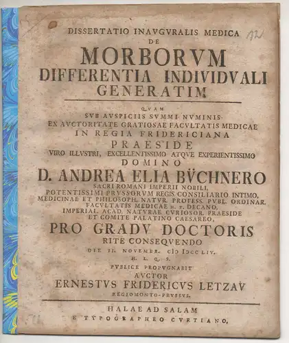 Letzau, Ernst Friedrich: aus Königsberg: Medizinische Inaugural-Dissertation. De morborum differentia individuali generatim. 