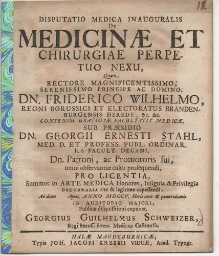 Schweizer, Georg Wilhelm: Medizinische Inaugural-Disputation. De medicinae et chirurgiae perpetuo nexu. 