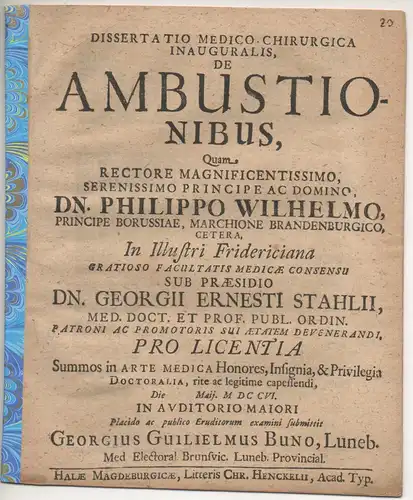 Buno, Georg Wilhelm: aus Lüneburg: Medizinische Inaugural-Dissertation. De ambustionibus. 
