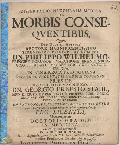 Glaser, Johann Philipp: aus Sorau: Medzinische Inaugural-Dissertation. De morbis consequentibus. 