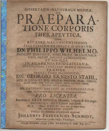 Schmidt, Johann Friedrich: aus Münchengosserstädt: Medizinische Inaugural-Dissertation. De praeparatione corporis therapeutica. 