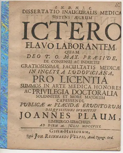Plaum, Johannes: aus Limburg-Ubach: Medizinische Inaugural-Dissertation. Aegrum ictero flavo laborantem. 