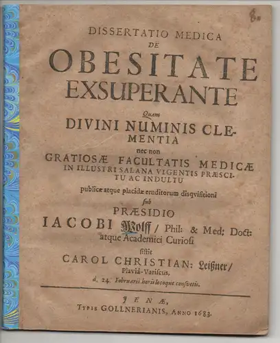 Leißner, Carl Christian: aus Plauen: Medizinische Dissertation. De obesitate exsuperante. 