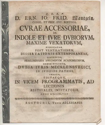 Mantzel, Ernst Johann Friedrich: Curae accessoriae, de indole et iure dubiorum, maxime vexatorum. 