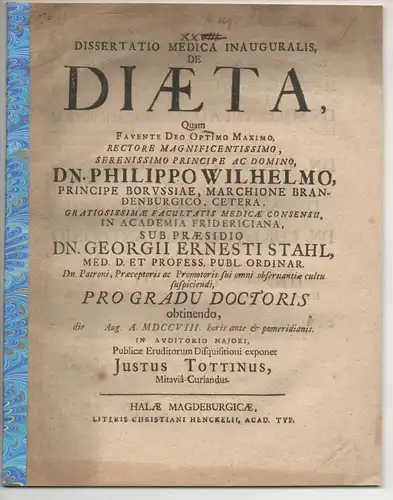 Tottinus, Justus: aus Mitau (Jelgava): Medizinische Inaugural-Dissertation. De diaeta. 