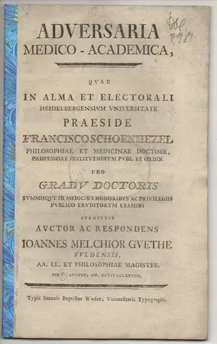 Güthe, Johann Melchior: aus Fulda: Medizinische Inaugural-Dissertation. Adversaria medico-academica. 
