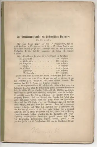 Jacobs, Ed: Zur Bevölkerungskunde der stolbergischen Harzlande. Beigebunden: Vermischtes. Sonderdruck aus: Zeitschrift des Harz-Vereins für Geschichte und Altertumskunde 18, 455-514. 