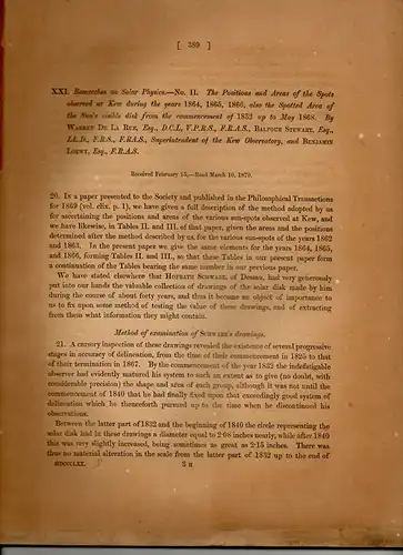 La Rue, Warren de: Researches on solar physics No. II: The position and areas of the spots observed at Kew during the years 1864, 1865, 1866, also the spotted area of the sun's visible disk from the comencement of 1892 up to May 1868. Sonderdruck aus: The