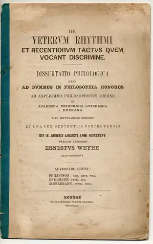 Weyhe, Ernst: De veterum rhythmi et recentiorum tactus quem vocant discrimine. Dissertation. 