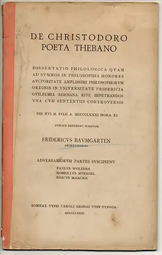 Baumgarten, Friedrich: De Christodoro poeta Thebano. Dissertation. 