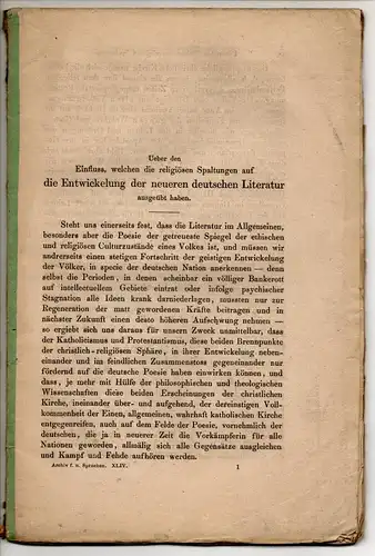 Backe, W: Ueber den Einfluss, welchen die reliösen Spaltungen auf die EntwickeInng der neueren deutschen Literatur ausgeübt haben. Sonderdruck aus: Archiv für das Studium der Neueren Sprachen 44, 1-90. 