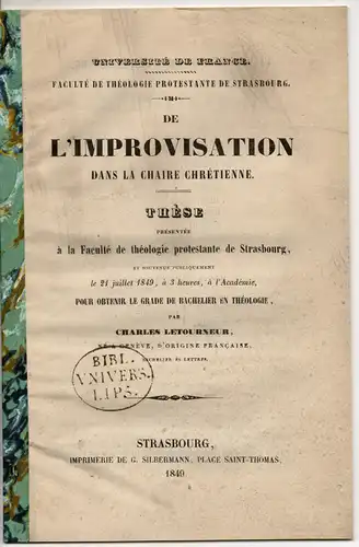 Letourneur, Charles: De l'improvisation dans la chaire chrétienne. Dissertation. 
