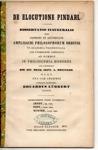 Lübbert, Eduard: De elocutione Pindari. Dissertation. 