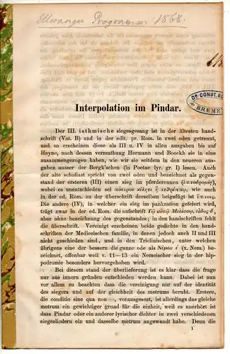 Schnitzer, Carl Friedrich: Interpolation im Pindar. Schulprogramm Ellwangen. 