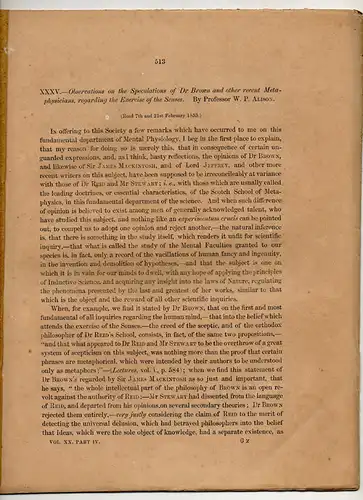 Alison, William Pulteney: Observations On The Speculations Of Dr. Brown And Other Recent Metaphysicians, Regarding The Exercise Of The Senses. Sonderdruck aus:  The Trans., Roy. Soc. Of Edinburgh Vol. 20. 
