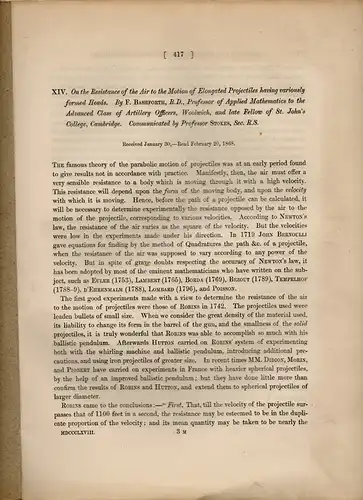 Bashforth, F: On the Resistance of the Air to the Motion of Elongated Projectiles Having Variously Formed Heads. Sonderdruck aus: The Philosophical Transactions of the Royal Society Vol 158. 