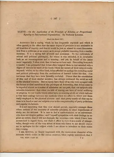 Lorimer, J: On the application of the principle of relative, or proportional, equality to international organisation. Sonderdruck aus: Proceedings of the Royal Society of London Vol. 24. 