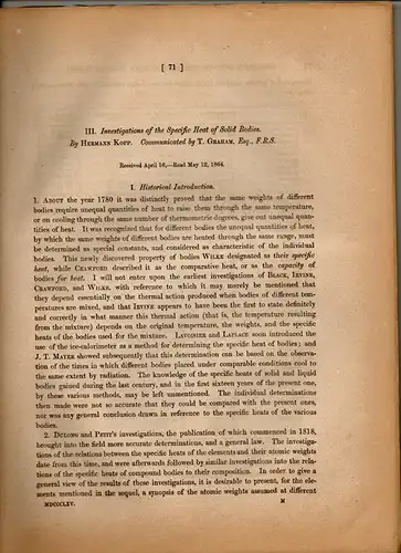 Kopp, Hermann: Investigations of the specific heat of solid bodies. Sonderdruck aus: The Philosophical Transactions of the Royal Society of London. 