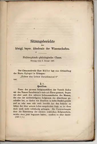 Spiegel: Ueber das Leben Zarathustra's. Sonderdruck aus: Sitzungsberichte königl bayer. Akademie der Wissenschaften 1867. 