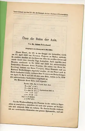 Frischauf, Johann: Über die Bahn der Asia. Sonderdruck aus: Sitz. Berichte Kais. Akad. Wiss. Wien, Mat.-nat. Cl. Band 45. 