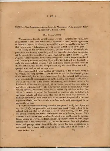 Piazzi Smyth, Charles: Contributions to a knowledge of the Phenomena of the Zodiacal Light. Sonderdruck aus: Transactions of the Royal Society of Edinburgh Vol. 20. 