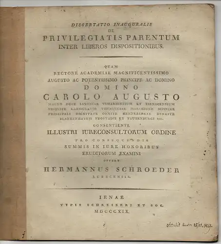 Schröder, Hermann: aus Lübeck: De privilegiatis parentum inter liberos dispositionibus. Dissertation. 