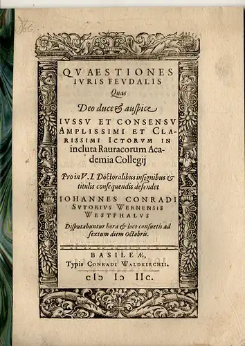 Sutorius, Johann Conrad: aus Werne: Juristische Disputation. Quaestiones iuris feudalis. 