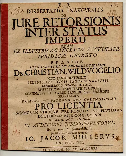 Müller, Johann Jacob: Juristische Inaugural-Dissertation. De iure retorsionis inter status Imperii. 