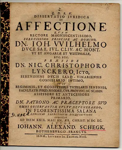 Schegk, Johann Alexander: aus Rothenburg: Juristische Dissertation. De affectione. 