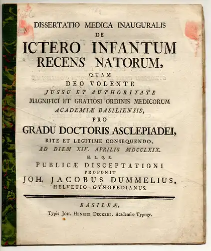 Dummelius, Johann Jacob: Medizinische Inaugural-Dissertation. De ictero infantum recens natorum (Über Gelbsucht bei Säuglingen). 