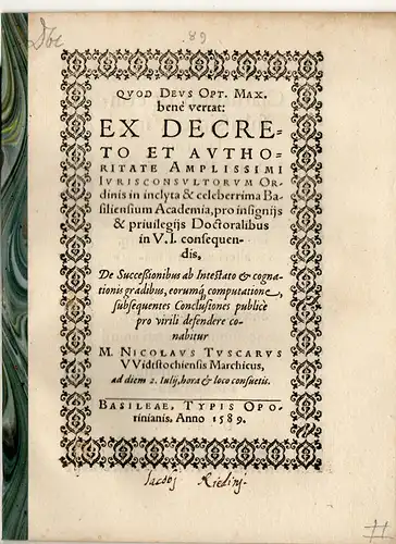 Tuscarus, Nicolaus: aus Wittstock/Dosse: Juristische Disputation. De successionibus ab intestato et cognationis gradibus, eorumq; computationes. 