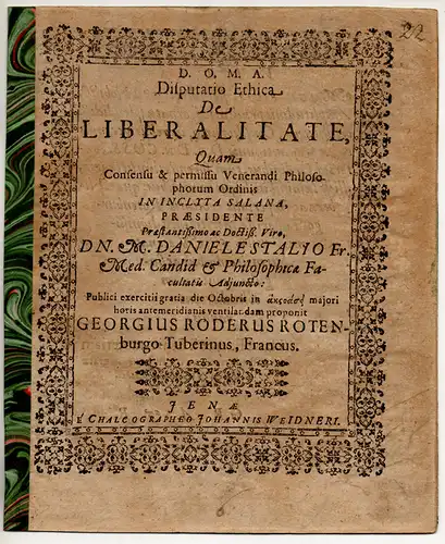 Röder, Georg aus Rotenburg: Disputatio Ethica, de liberalitate. 