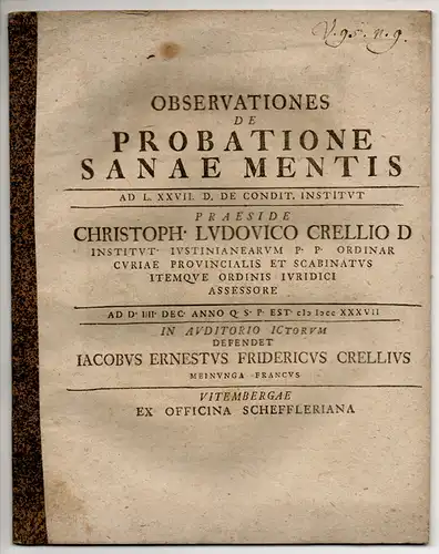 Crell, Jacob Ernst Friedrich: Observationes de probatione sanae mentis ad l. XXVII. D. de condit. Institut. 