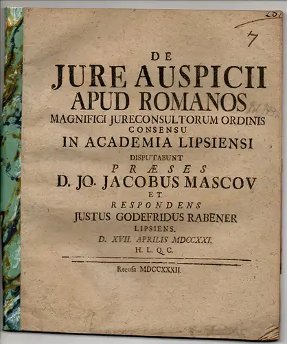 Rabener, Justus Gottfried: aus Leipzig: De iure auspicii apud Romanos. 