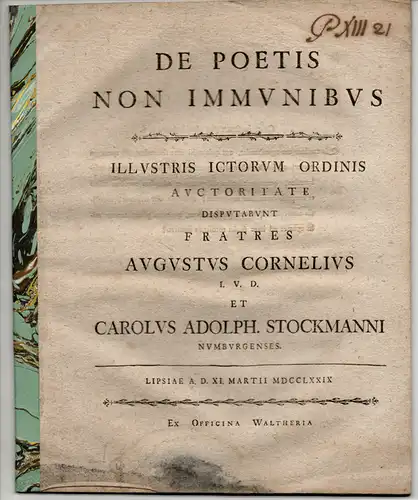 Stockmann, August Cornelius und Carl Adolph: Juristische Dissertation. De poetis non immunibus. 