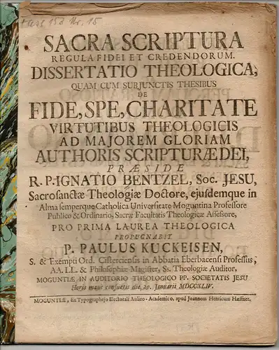 Kuckeisen, Paul: Theologische Dissertation. Sacra scriptura regula fidei et credendorum. 