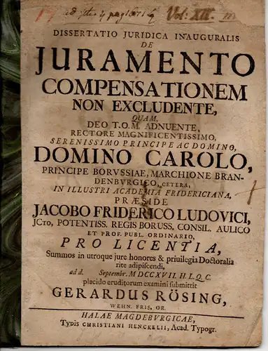 Rösing, Gerard: Juristische Inaugural-Dissertation. De iuramento compensationem non excludente. 