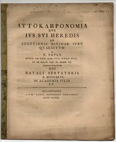 Conradi, Franz Karl: Aytokleronomia sive ius sui heredis ex adoptionis divinae iure quaesitum. 
