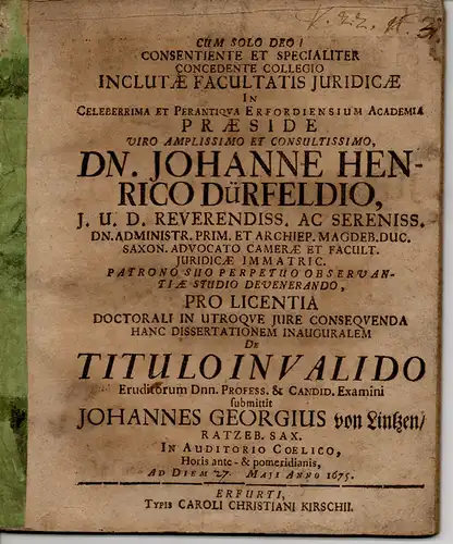Lintzen, Johann Georg von: Ratzeburg, Sachsen: Juristische Disputation. De titulo invalido. 