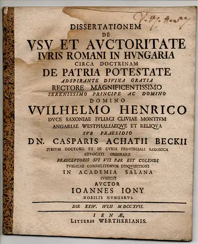 Jóny, Johann (János): Ungarn: Juristische Dissertation. De usu et auctoritate iuris Romani in Hungaria circa doctrinam de patria potestate. 