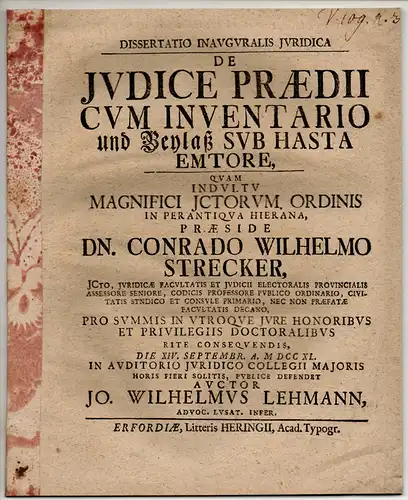 Lehmann, Johann Wilhelm: Juristische Inaugural-Dissertation. De iudice praedii cum inventario und Beylaß sub hasta emtore. 