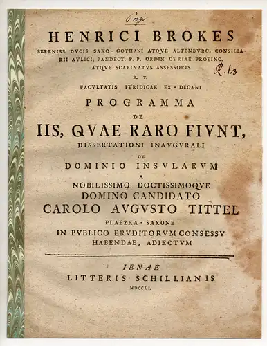 Brokes, Heinrich: Programma de iis, quae raro fiunt. Promotionsankündigung von Karl August Tittel aus Pläzka. 