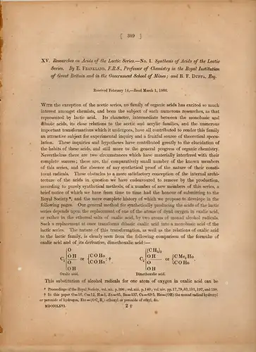 Frankland, E.; Duppa, B.F: Researches on Acids of the Lactic Series. No 1. Synthesis of Acids of the Lactic Series. Sonderdruck aus: The Philosophical Transactions of the Royal Society of London. 