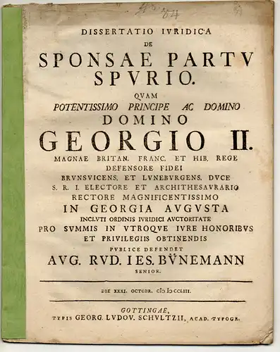 Bünemann, August Rudolph Jesaias: Juristische Dissertation. De sponsae partu spurio (Über das unehelichte Kind einer Geliebten). 