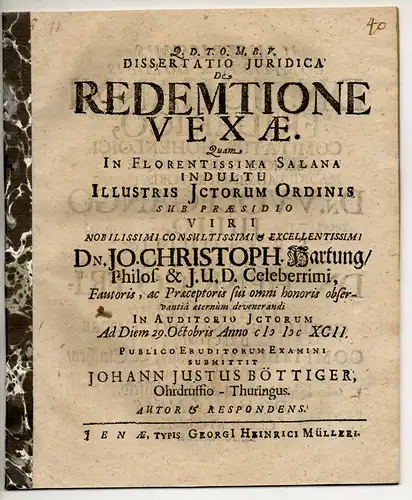 Böttiger, Johann Justus: aus Ohrdruf: Juristische Dissertation. De redemtione vexae. 