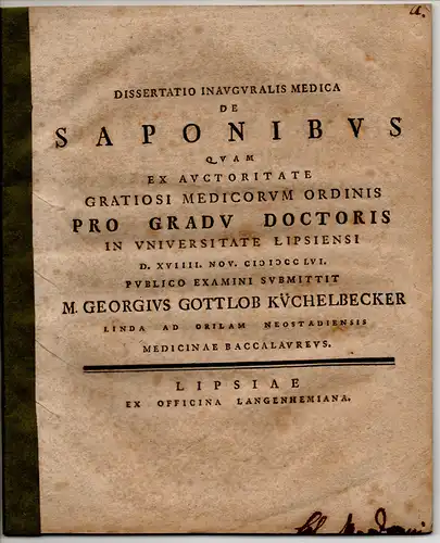 Küchelbecker, Georg Gottlob: Medizinische Inaugural-Dissertation. De saponibus (Über Seife). 