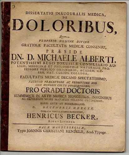 Becker, Heinrich: aus Riga: Medizinische Inaugural-Dissertation. De Doloribus (Über Schmerzen). 