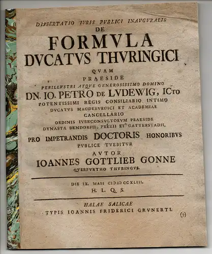 Gonne, Johann Gottlieb: aus Querfurt: Juristische Inaugural-Dissertation. De formula Ducatus Thuringici. 